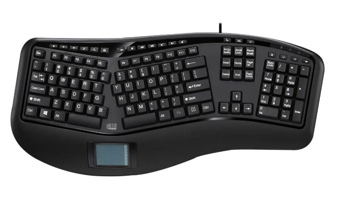 straight on photo of the Adesso Tru-Form Ergonomic Touchpad Keyboard. The keyboard is split down the middle and has a curved shape. It is black with a number of hotkeys, a built-in touchpad below the spacebar, and a number pad to the right.