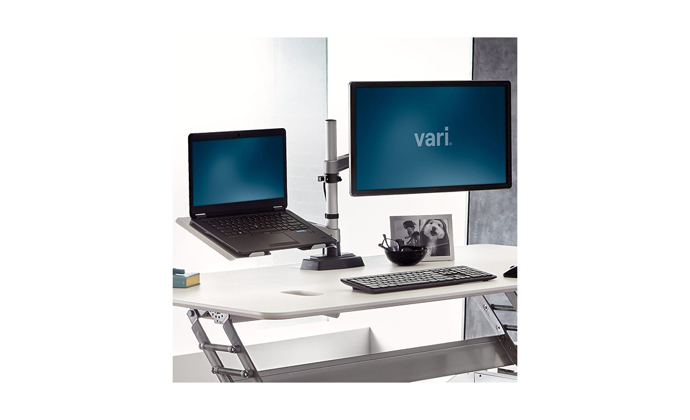 Varidesk Monitor Arm and Laptop Cradle in the standing position