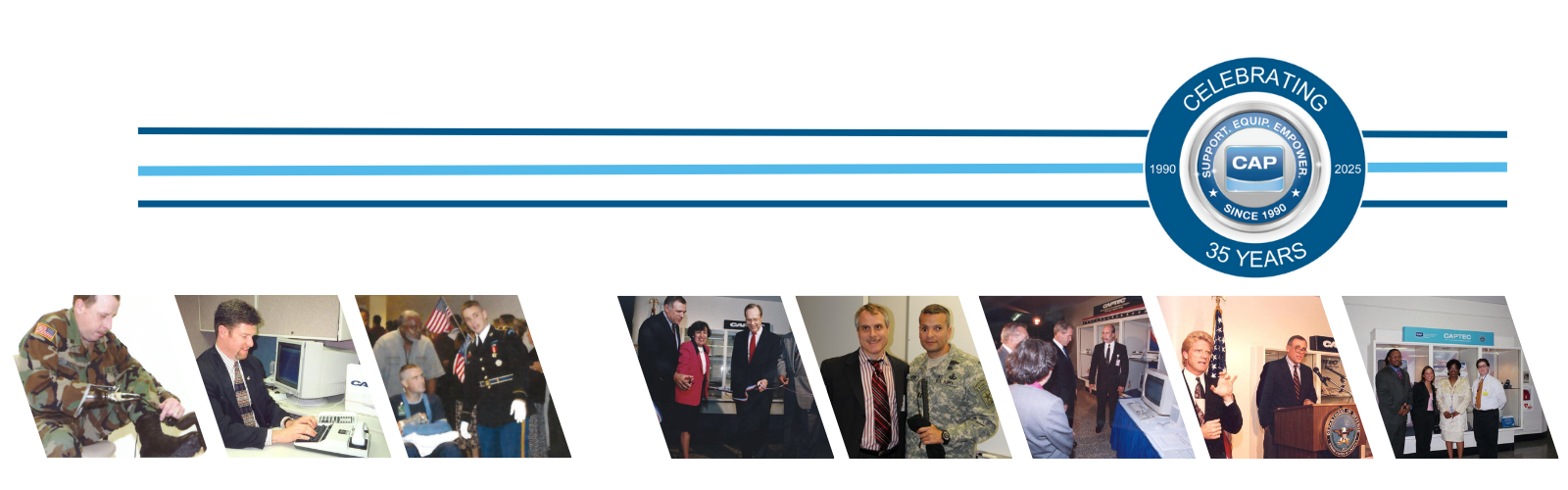 CAP 35th year logo with an collection of photos over the years. 