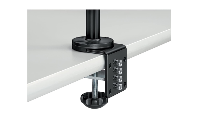 Fellowes Professional Mounting Arm for Dual Flat Panel Display showing it attached to the desk
